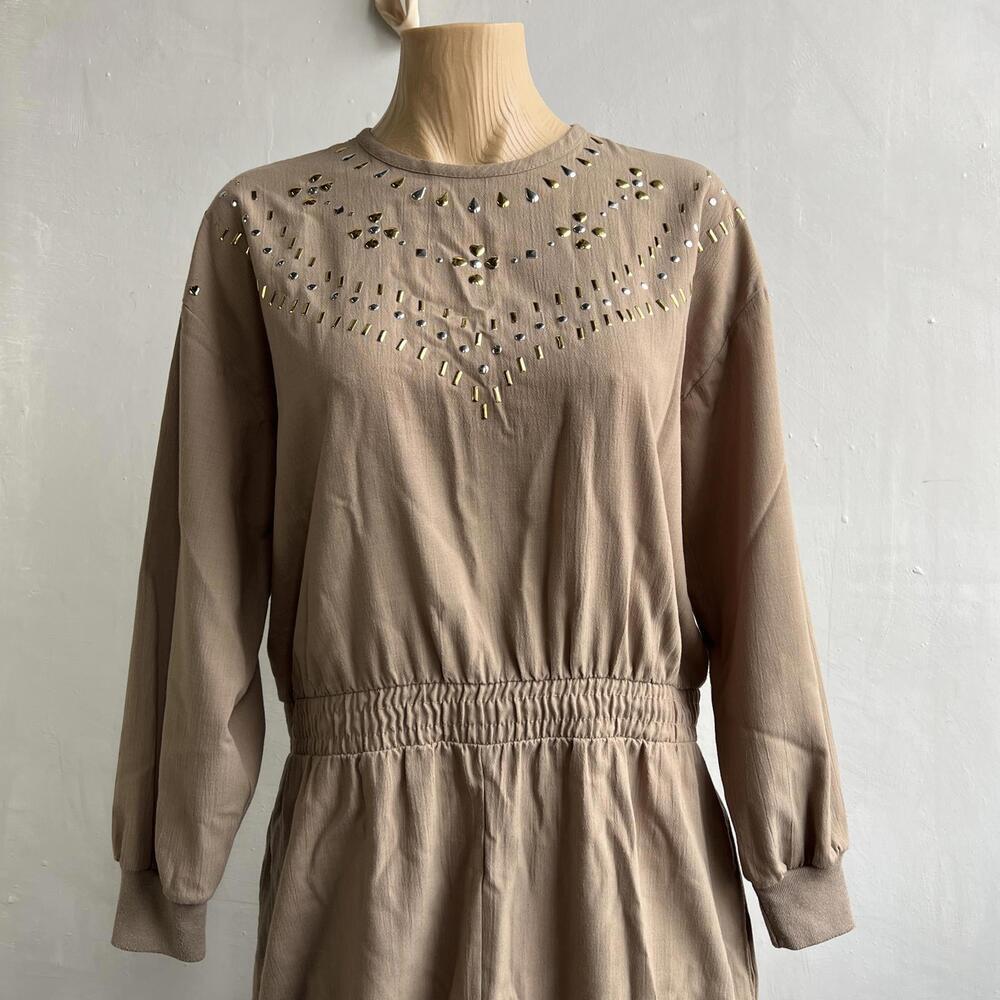 Handmade Womens Large Taupe Grey Long Sleeve Embellished Jewel Neckline Jumpsuit